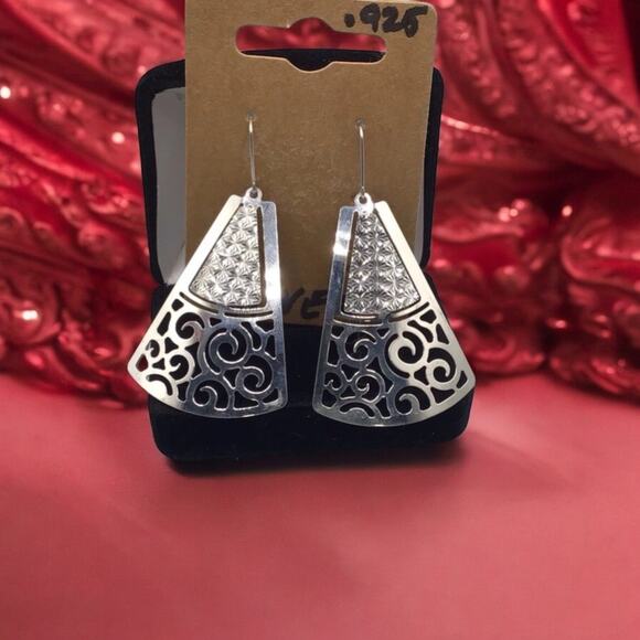 925 Sterling Silver Triangle Filigree Dangle Hook Earrings Women’s - Picture 12 of 12